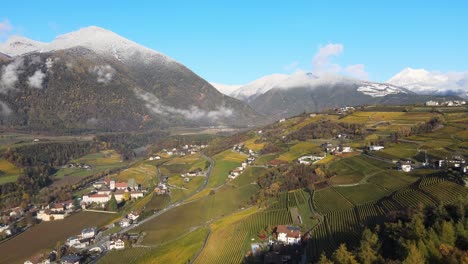 Flugdrohne-über-Den-Weinbergen-Im-Herbst-In-Neustift,-Südtirol