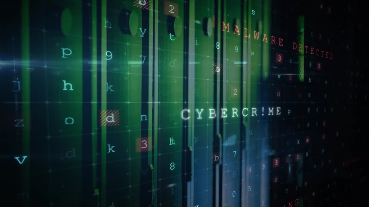 Animation of data processing and hacking texts over server room