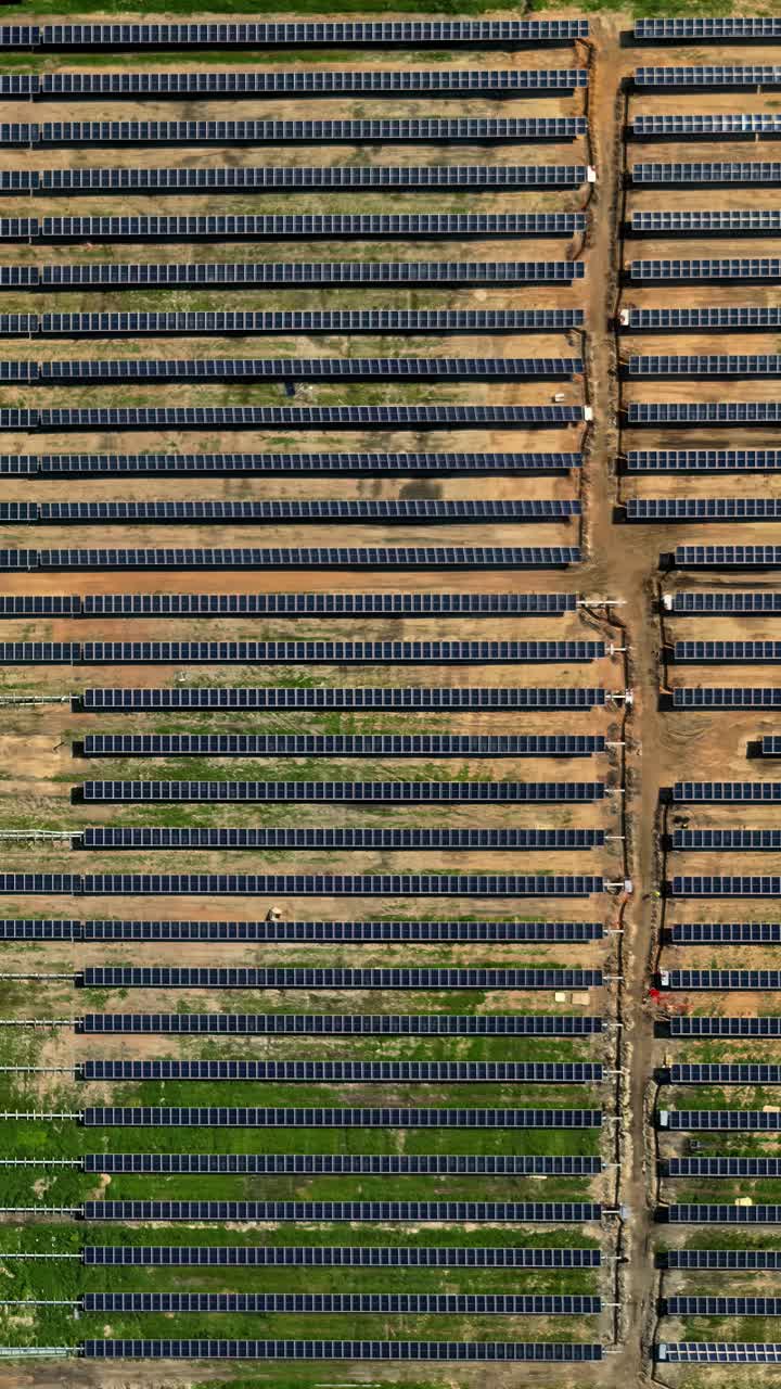 Renewable energy solar panel electricity sun harvest production farm array, aerial vertical video