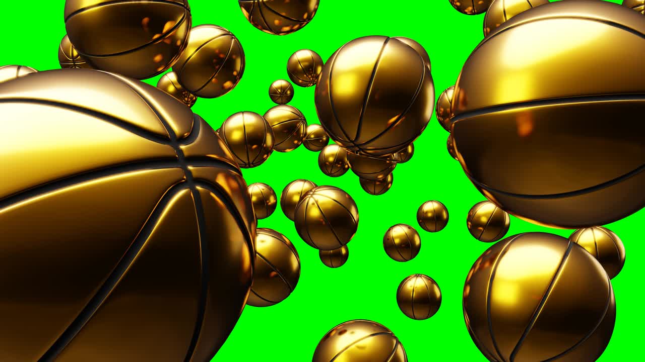 muchas bolas de baloncesto doradas en llave de croma verde.