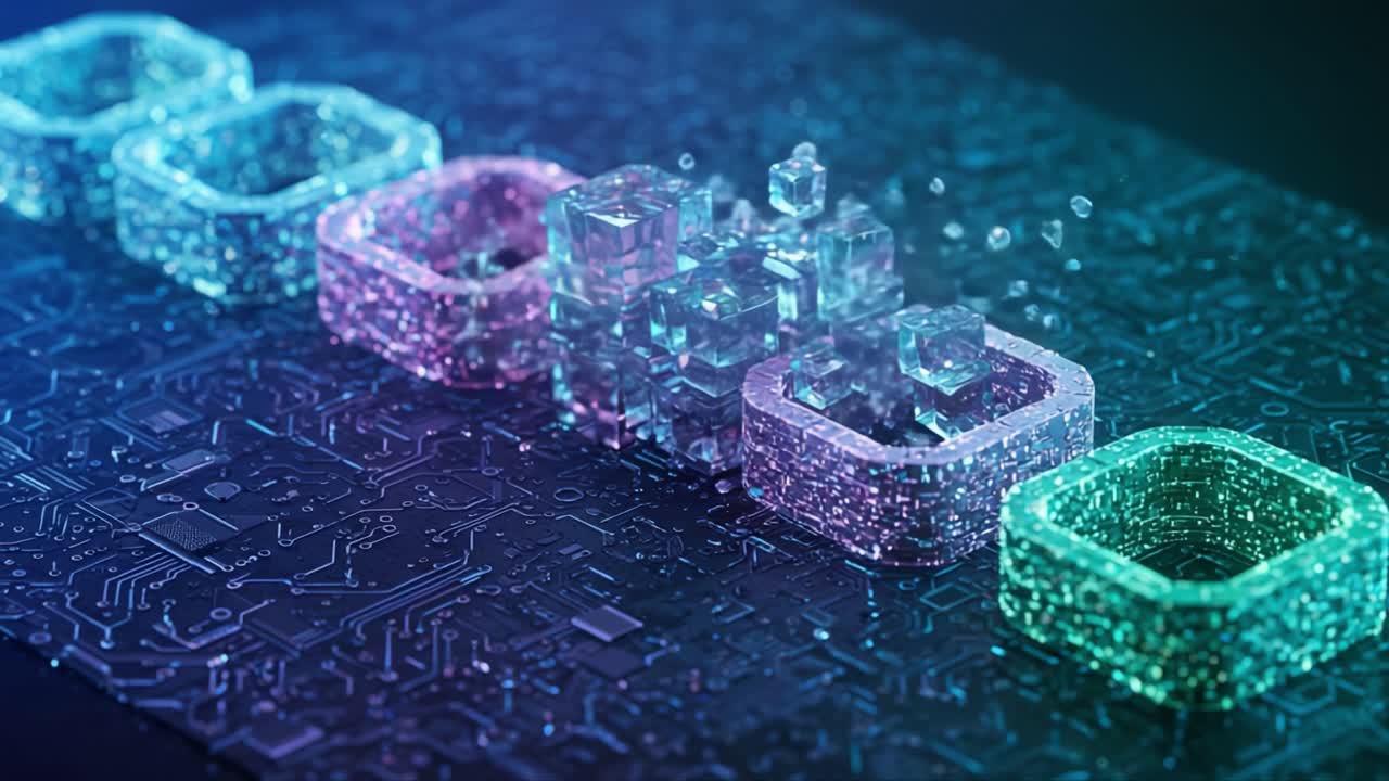 An Unfolding Digital Landscape: The Transformation of Geometric Shapes and Particles in a Vibrant Circuit-Board Environment