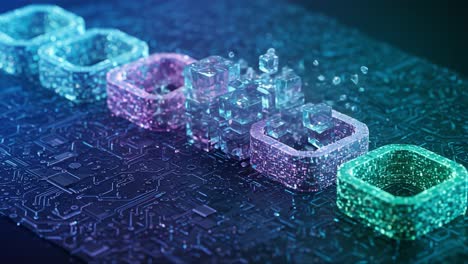 an unfolding digital landscape: the transformation of geometric shapes and particles in a vibrant circuit-board environment