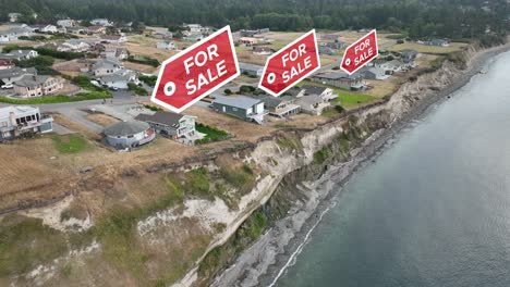 Drone-shot-of-houses-along-the-shore-with-"FOR-SALE"-signs-animating-above-them,-the-real-estate-market-is-moving-fast