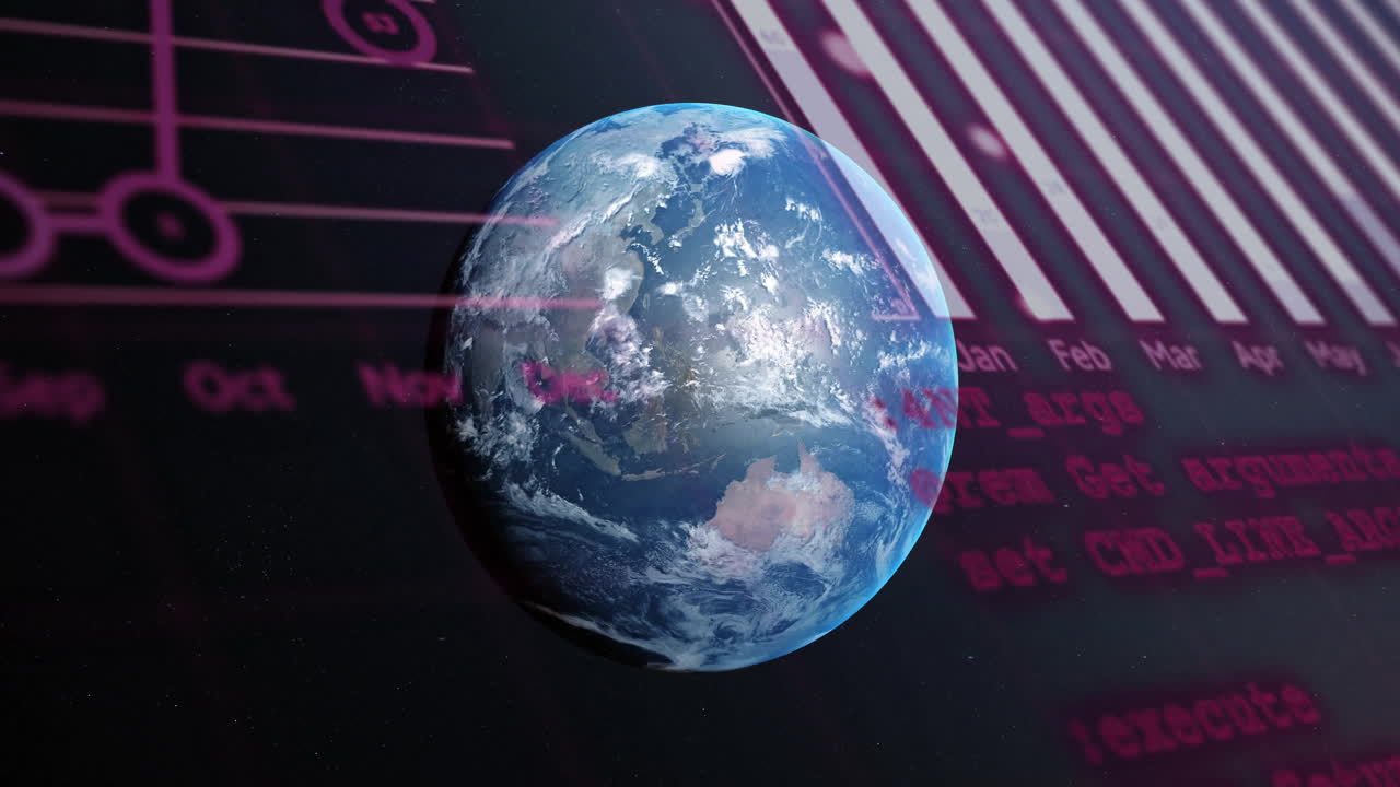 Rotating Earth with data processing animation over calendar and code background