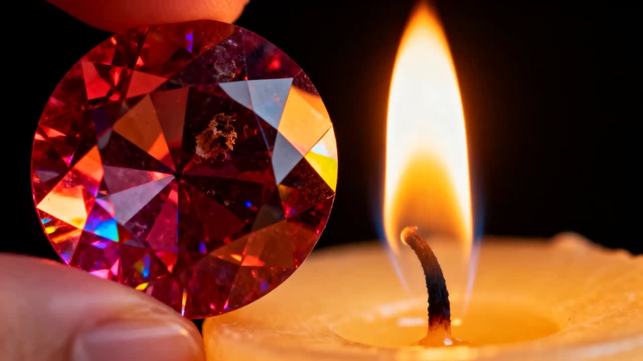 Thumb and index finger bringing red gemstone near candle flame, nudging gem and refracting glow