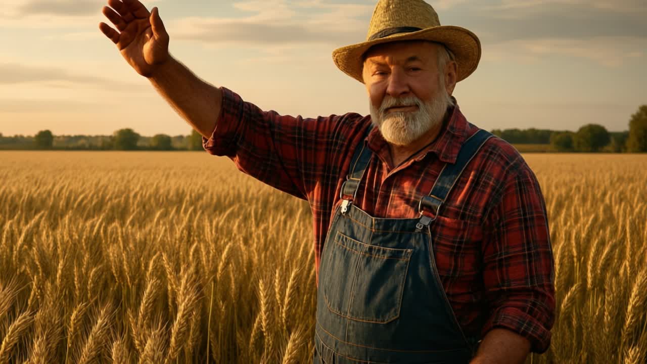 A farmer stands in the midst of a golden wheat field, gently touching the ripe stalks as the sun sets behind him. With a straw hat and plaid shirt, he exudes a sense of pride and tranquility. The vast field stretches into the horizon, bathed in warm colors of twilight. This moment captures the hard 