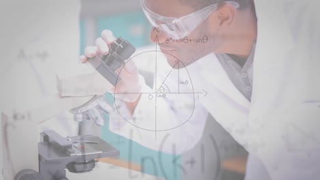 mathematical equations against african american male health worker using microscope at laboratory