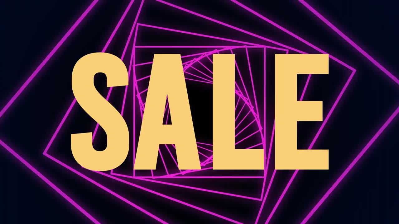 animación de texto de venta y formas en fondo negro