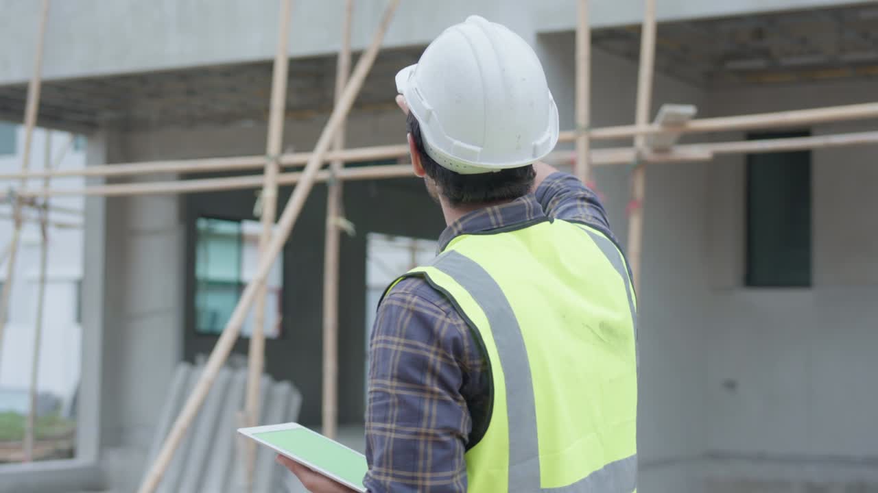 ingeniero civil profesional masculino o arquitecto usa casco de seguridad. mientras el ingeniero, inspector caminando usa tecnología de tableta para el proyecto de construcción de lista de comprobación en el sitio de construcción. concepto de bienes raíces.