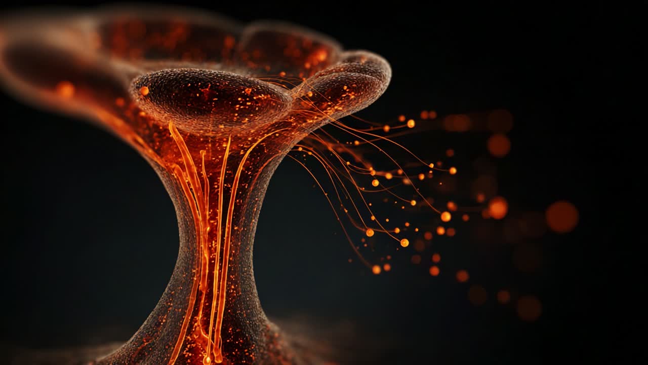 Una visualizzazione accattivante del flusso di lava fusa, che mostra gli intricati motivi e il bagliore vivido mentre scende a cascata da una struttura centrale, circondata da tenui flussi di energia dinamici.