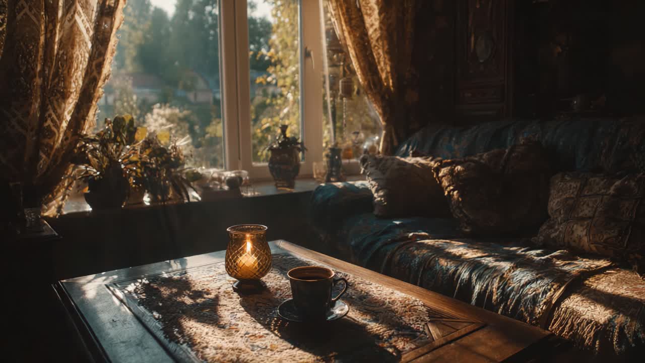 Una serata accogliente in una stanza calda: Uno spazio splendidamente arredato con luce naturale che filtra dalle finestre, illuminando un tavolo con una candela e una tazza di caffè.