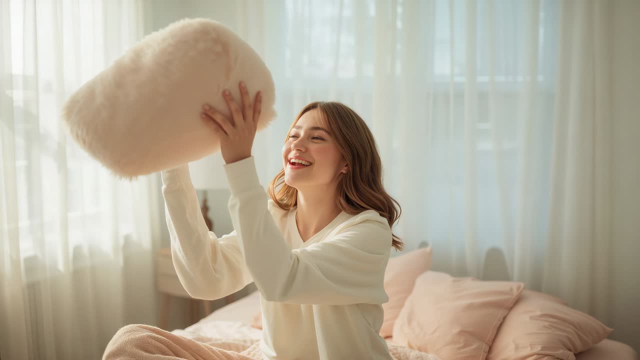 Holding fluffy pink pillow, woman in loungewear, lifting it above head and checking comfort on bed