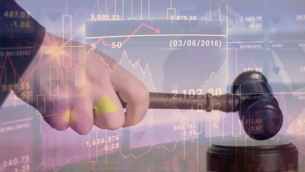 Animation of statistics and financial data processing over auctioneer's hammer