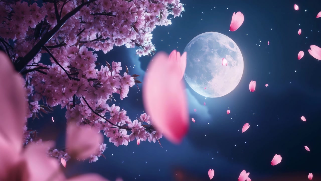 夜空中飄落的櫻花花瓣與滿月。