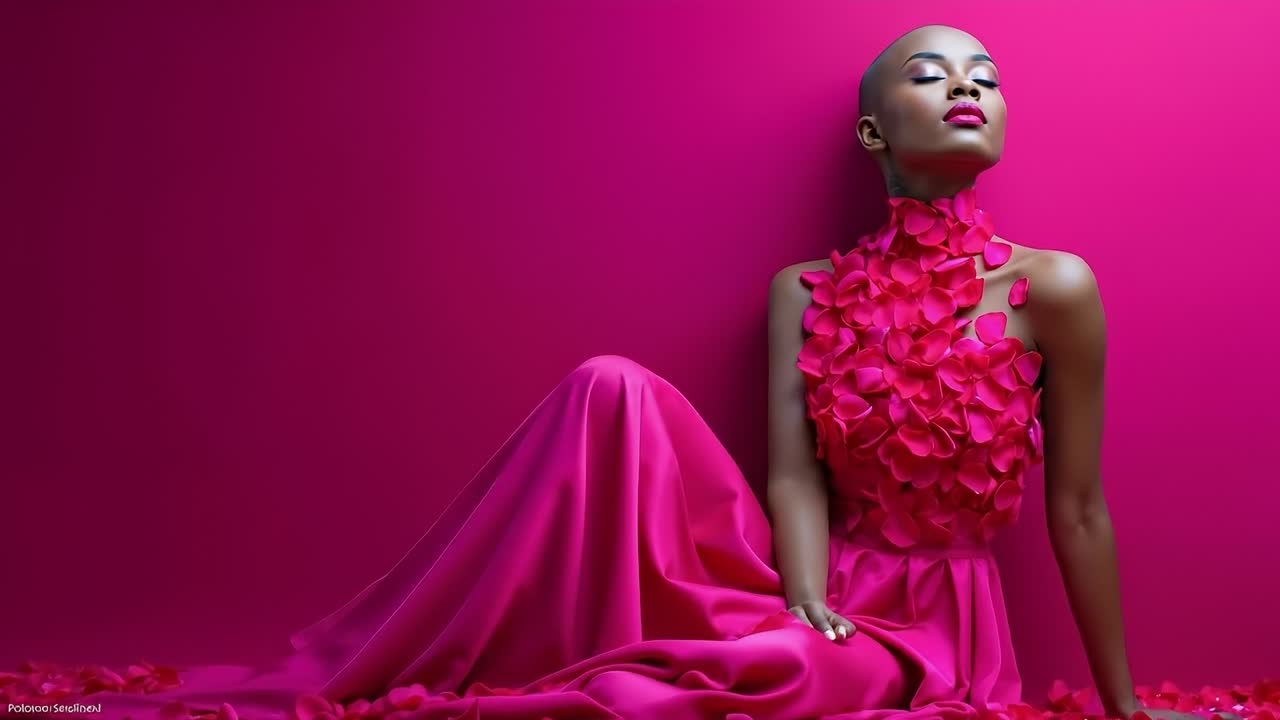 Una donna con un vestito rosa seduta su uno sfondo rosa