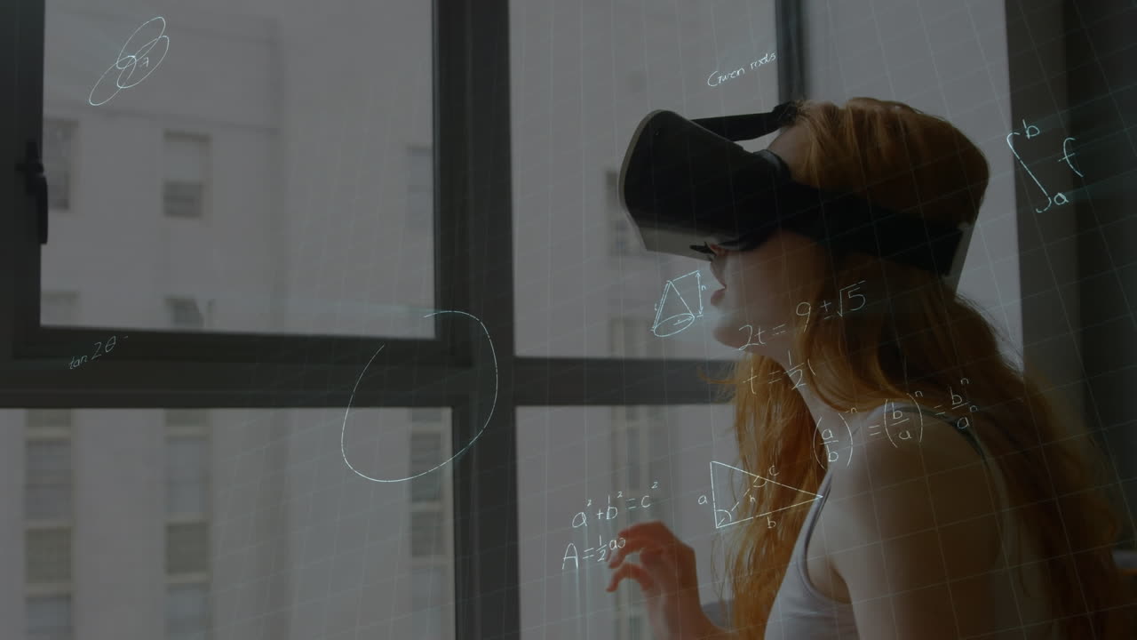 animación de dibujos matemáticos y ecuaciones sobre mujer usando auriculares vr