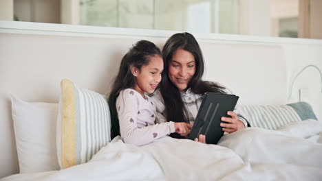 mom, kid and girl with tablet in bed for online