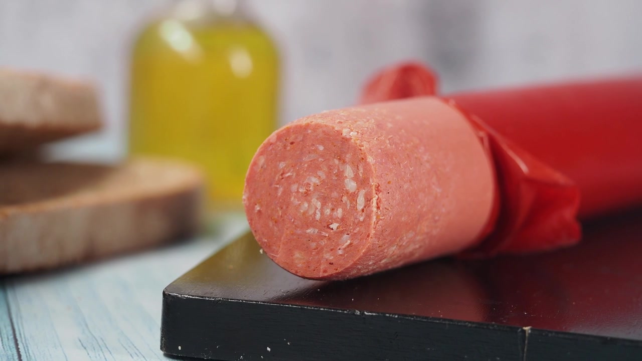 Primo piano di un salame su un tagliere nero.