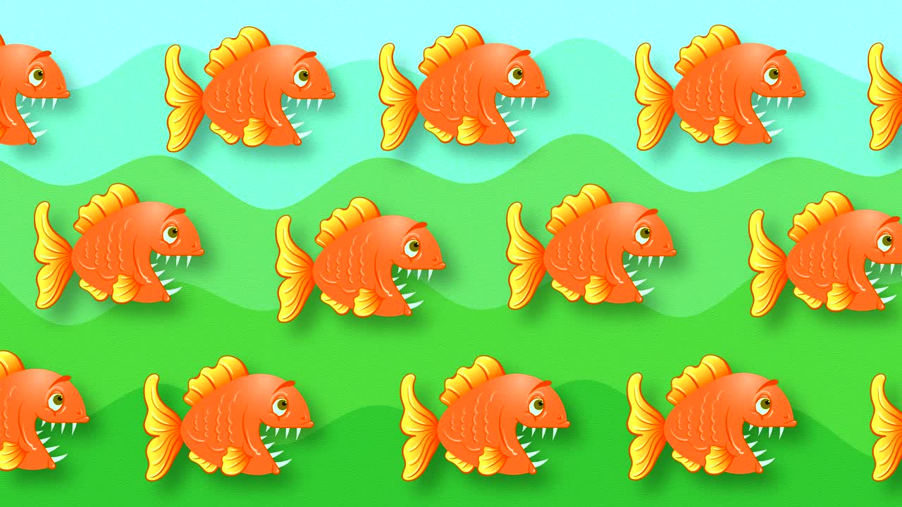 抽象的なアニメーションの背景に 赤い魚が描かれています