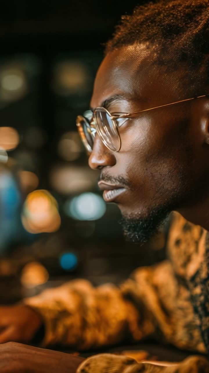 Focused Individual Engaged in Creative Work, Showcasing Intensity and Concentration in a Dimly Lit Studio Environment, with a Welcoming Glow from Light Reflections