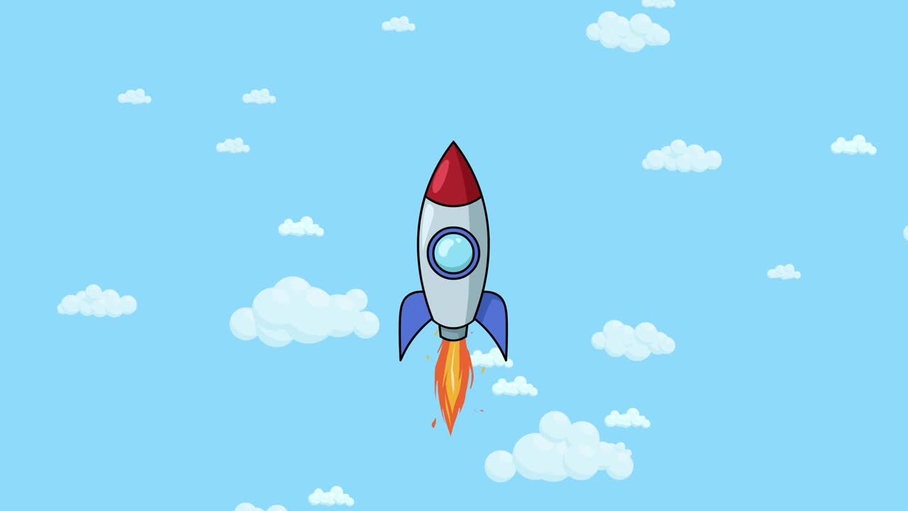 Cartoon rocket ship flying up through cloudy sky. Flat animation