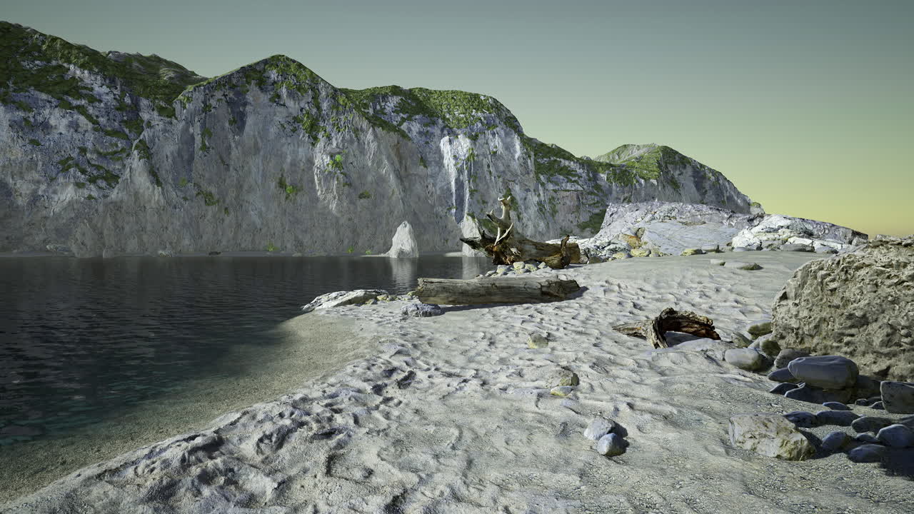Tranquil coastal landscape with cliffs and gentle waves at sunset