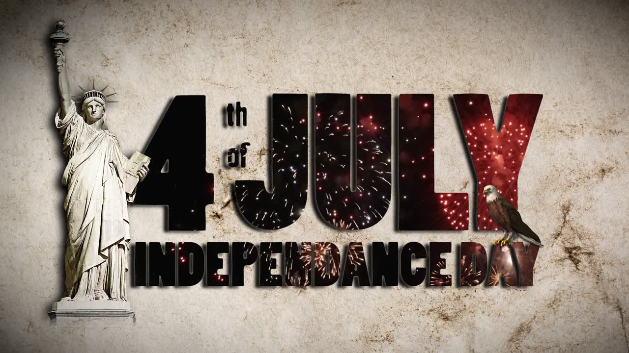 축제 불꽃놀이 형태의 텍스트 - 7월 4일 독립기념일 - 빈티지, 그런지, 오래된 종이 배경에 자유의 동상과 편지 위에 앉아있는 독수리.