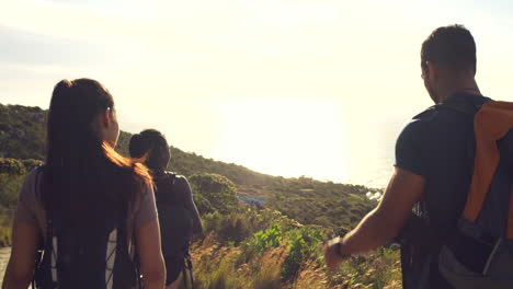 rearview of hikers walking down a mountain trail