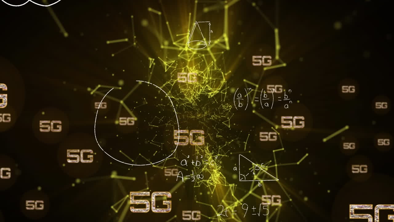 animación de conexiones, 5g y fórmulas matemáticas en fondo negro