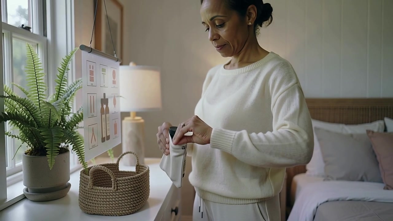 Picking up pouch, woman wearing cream sweater inspecting device at dresser by window