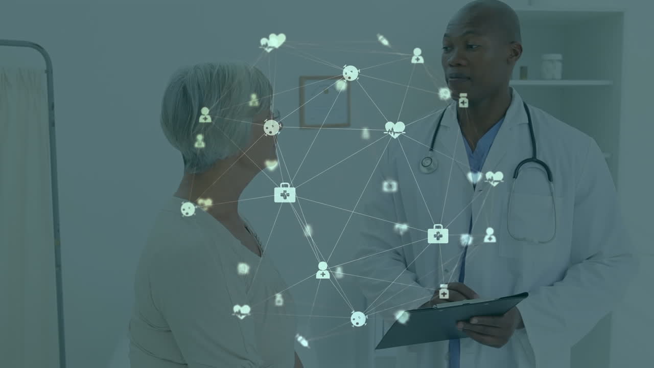 Animation of network of connections over african american male doctor with female patient