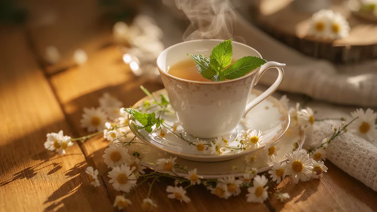 Tazza da tè e piattino in porcellana fumanti che rilasciano vapore dopo aver versato il tè su un tavolo di legno, con rametto di menta