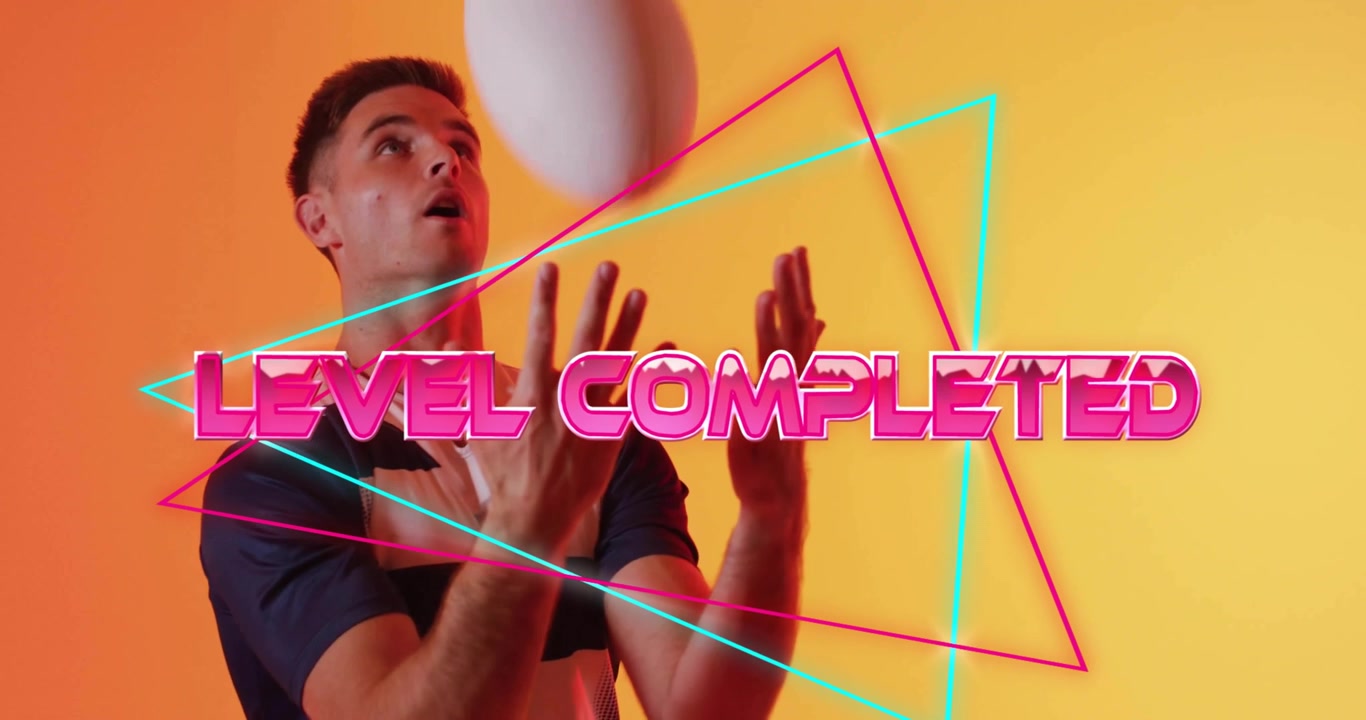Animation of level completed text over neon pattern caucasian rugby player