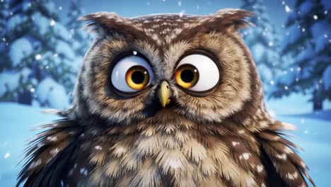 an enchanting winter scene: a cute animated owl with big eyes, fluffy feathers, and a whimsical expression captured in a snowy wonderland background