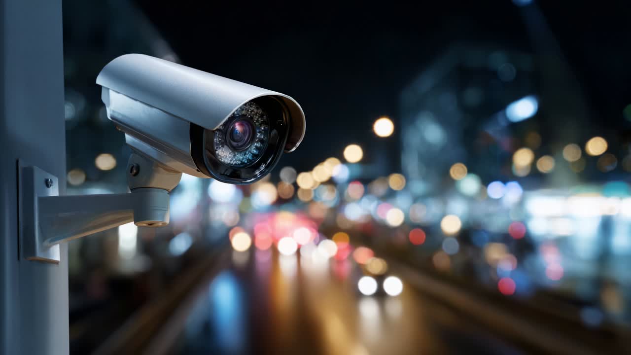 A night shot of a surveillance camera elegantly positioned against a backdrop of blurred city lights, emphasizing the importance of security in urban environments and the technology involved in monitoring activities