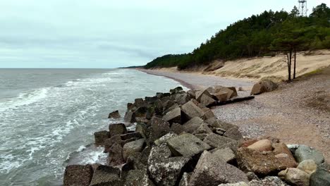 Aerial-Fly-Over-rocky-beach-with-a-few-scattered-trees,-all-under-a-cloudy-sky-rocky-beach-with-crashing-waves-from-an-sky-viewpoint