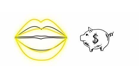 Digitale-Animation-Neongelber-Lippen-Und-Sparschwein-Symbol-Vor-Weißem-Hintergrund