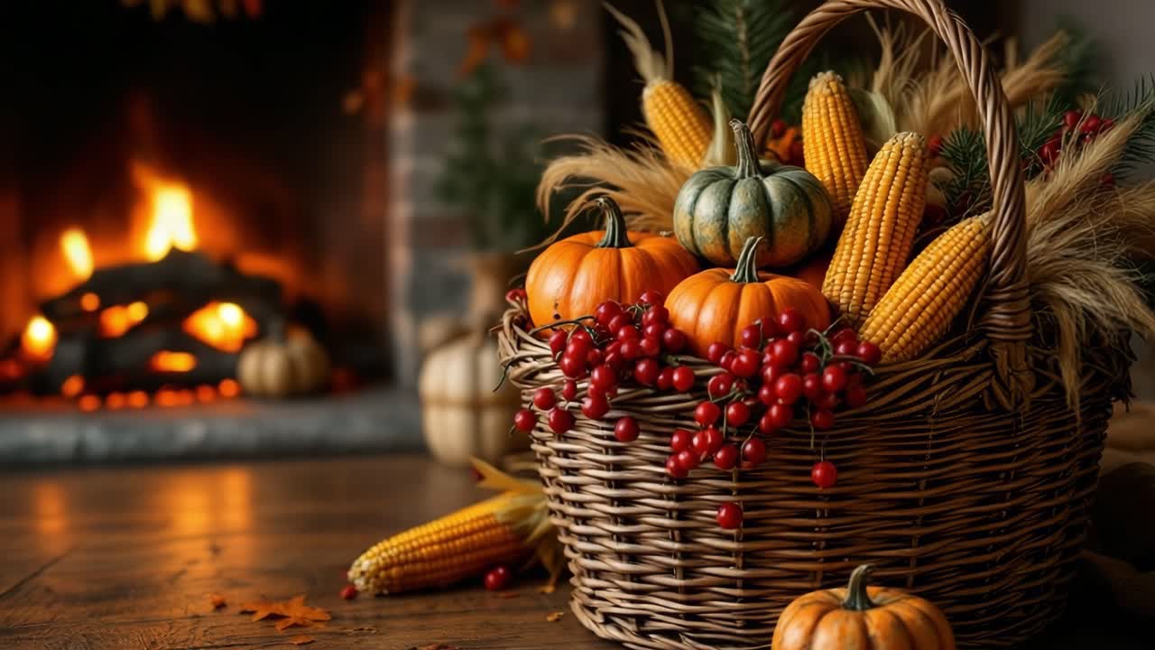 Autumn harvest basket filled with vibrant pumpkins, corn, and berries, placed near a cozy fireplace, creating a warm and inviting seasonal atmosphere