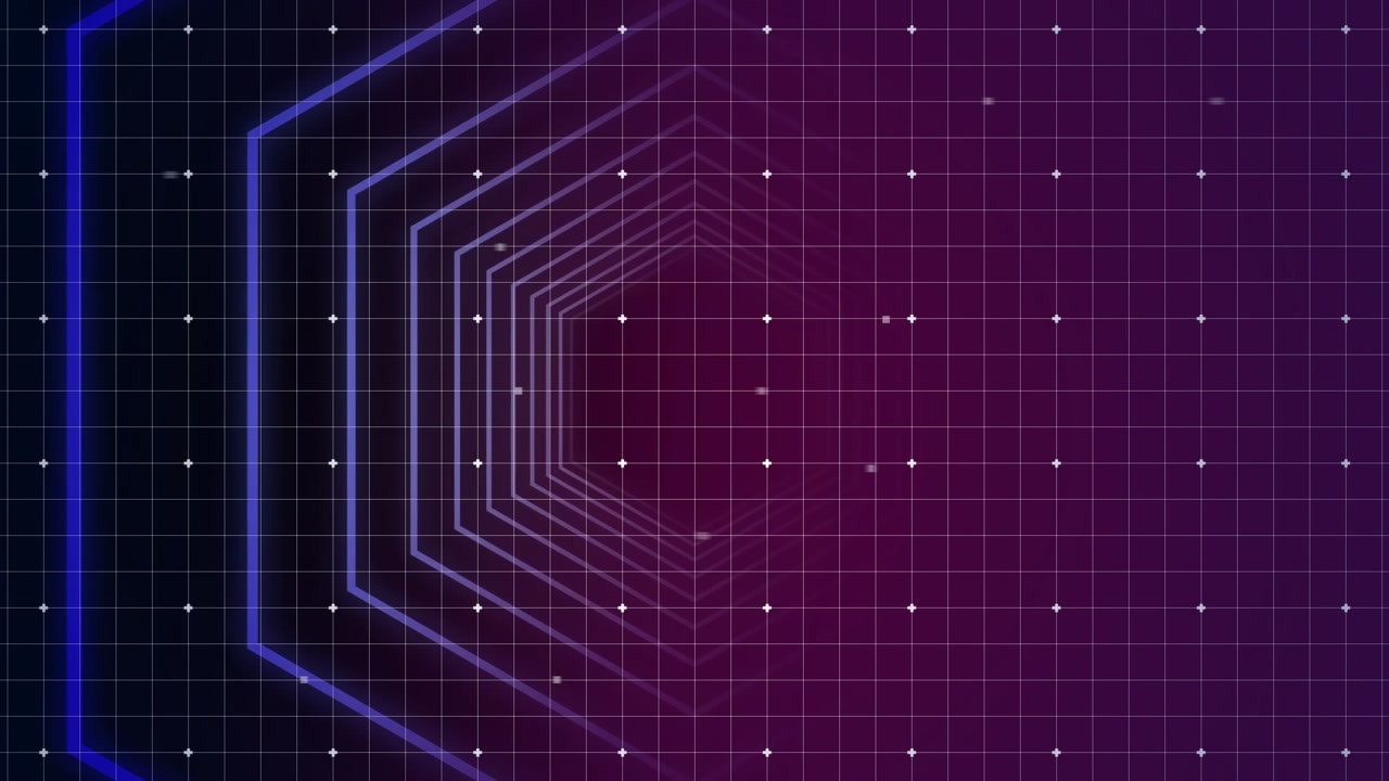 Animation of geometrical shapes and grid over black background