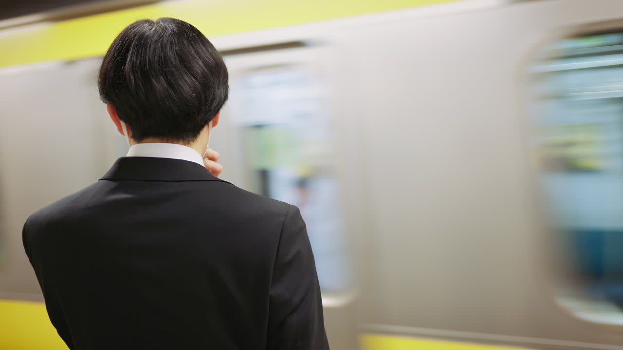 Japanese young man waiting at the train station, adjusting his protective face mask