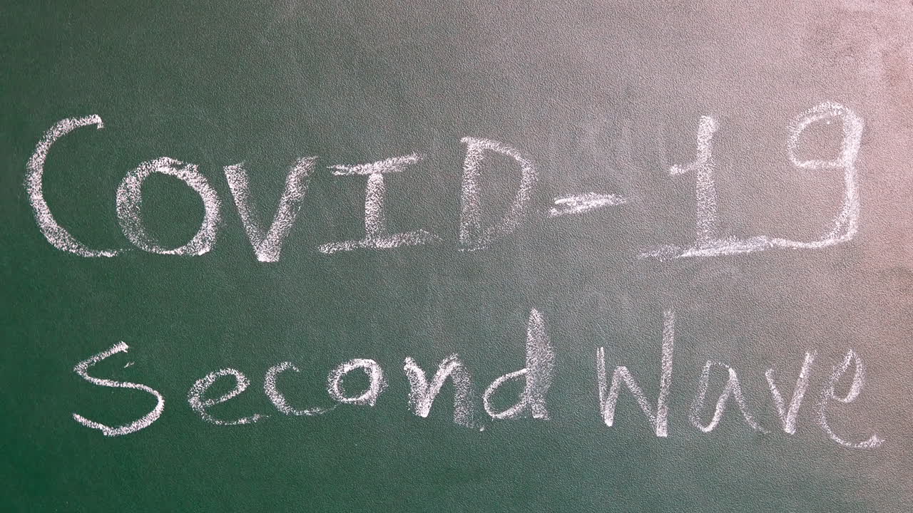 texto de segunda onda de coronavírus no quadro verde panorâmico tiro closeup