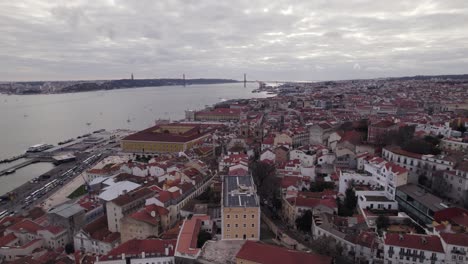 Establishing-shot-of-Romantic-Lisbon-Cityscape-by-Tagus-River,-Orbiting-shot