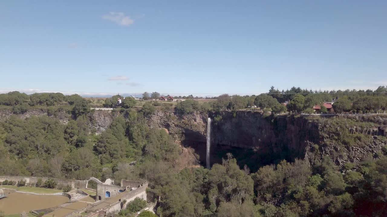 Waterfall from the basalt prisms geological formation, Zip Line, San Miguel Regla, Mexico 1
