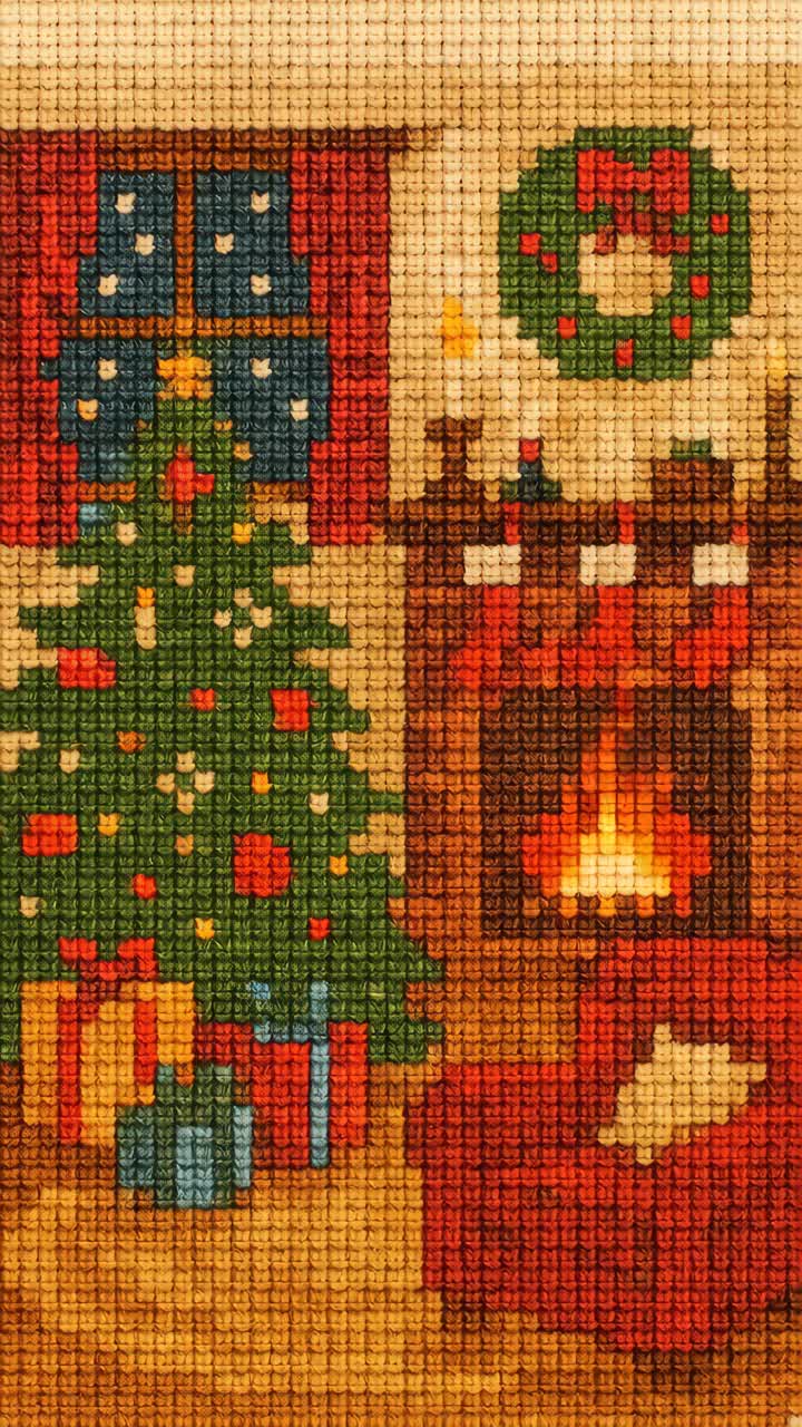 Cozy Christmas scene in cross-stitch style, featuring a tree and fireplace