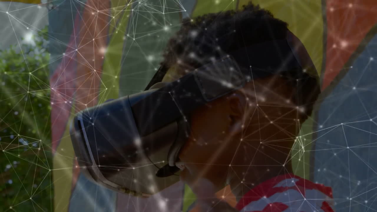 red de conexiones con un escolar que lleva auriculares vr