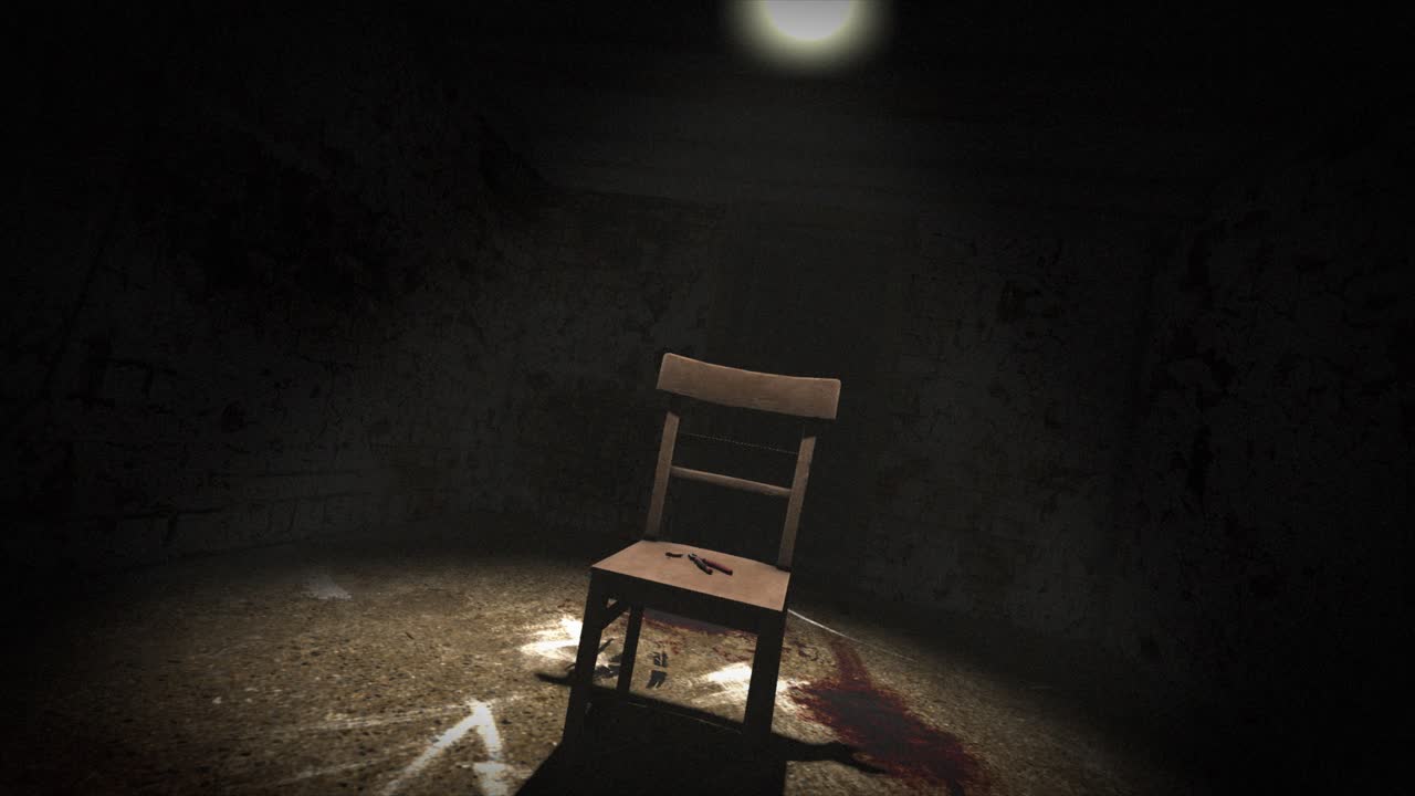 Ripresa di alta qualità, con discesa lenta, di una sinistra camera di interrogatorio, con pareti scure, inquietanti e fatiscenti, sangue sul pavimento e una singola sedia sotto un riflettore, con un paio di pinze insanguinate.