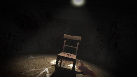 high quality, slow descending shot of a sinister interrogation torture chamber, with dark creepy grungy walls, blood on the floor and a single chair in a spotlight, with a pair of bloody pliers