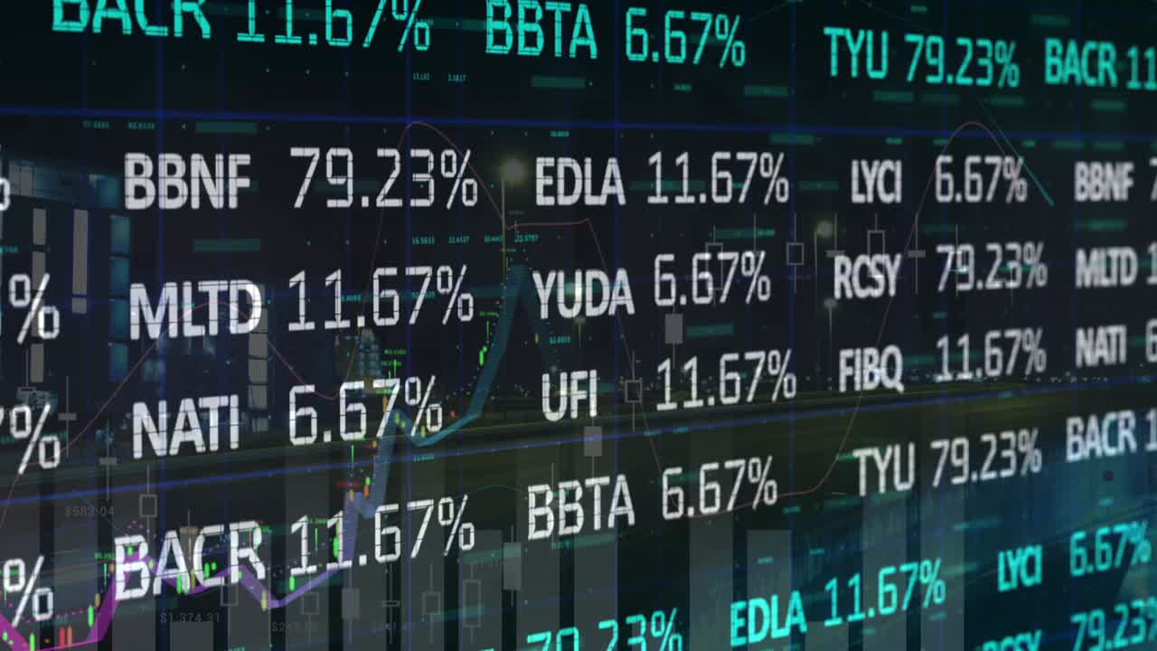 Animazione di borsa e elaborazione di dati finanziari su sfondo nero