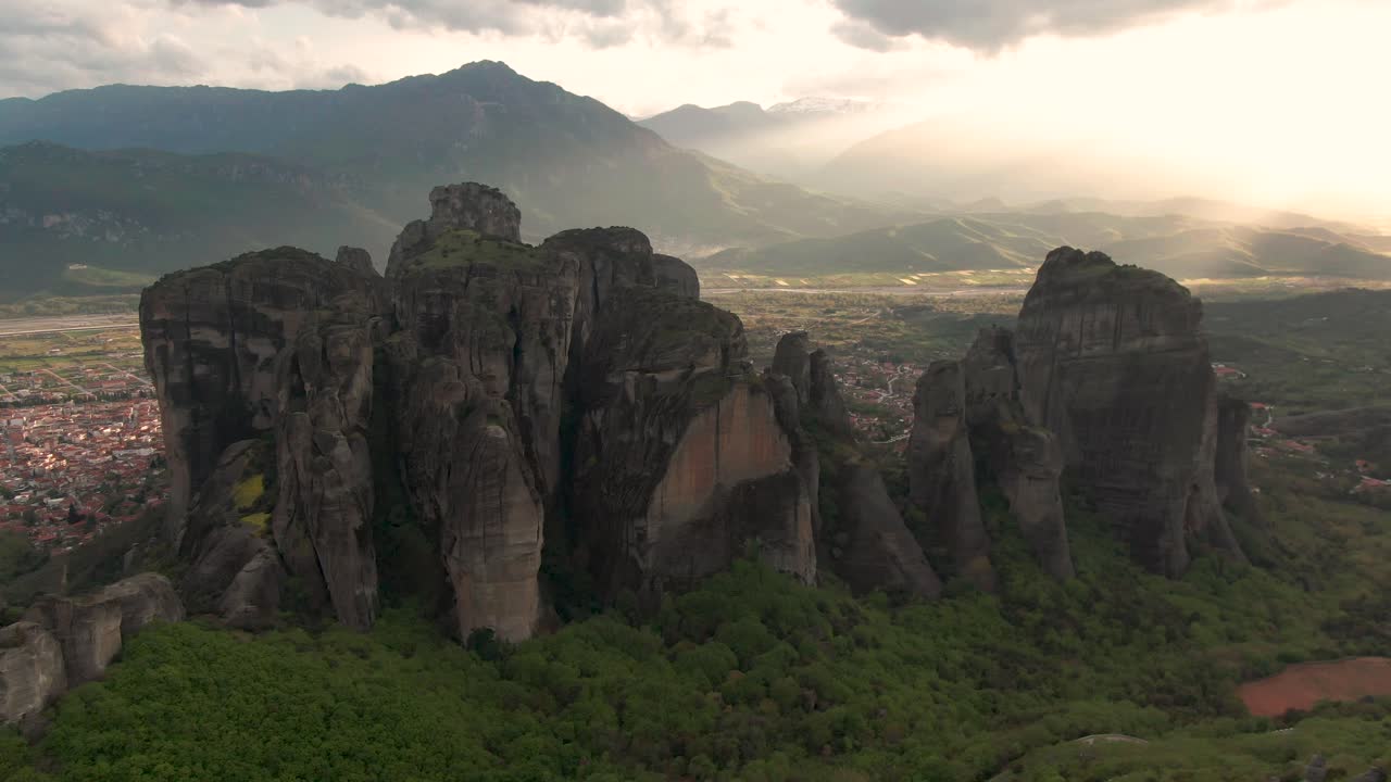 Aerial Reverse Shot Showcasing The Spectacular Landscape And Geological Wonders Of &amp;quot;Meteora&amp;quot; In Thessaly, Greece