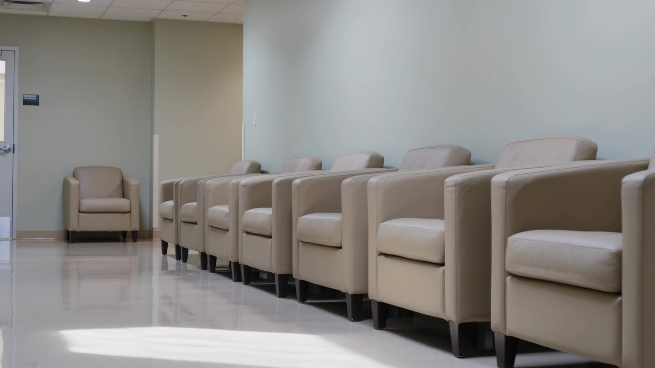 Shifting ambient light patch moving across glossy floor in clinic, showing row of beige armchairs